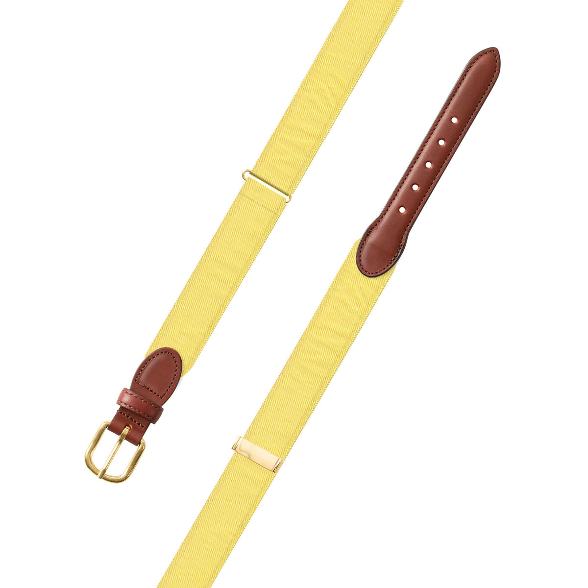 Adjustable Yellow Grosgrain Belt with Brown Leather Tabs
