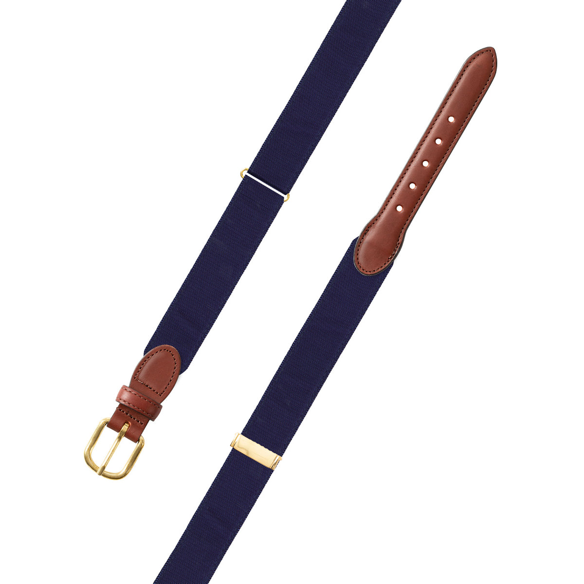 Adjustable Navy Grosgrain Belt with Brown Leather Tabs