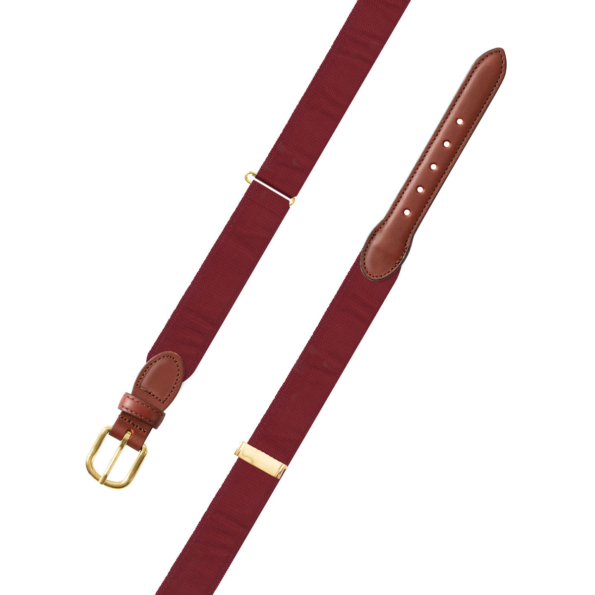 Adjustable Burgundy Grosgrain Belt with Brown Leather Tabs