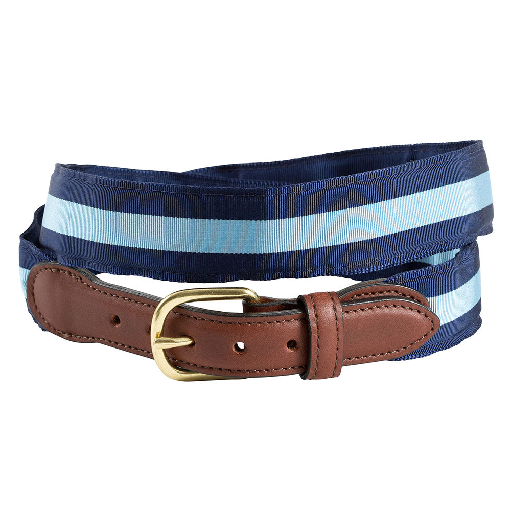 Navy &amp; Light Blue Grosgrain Ribbon Leather Tab Belt