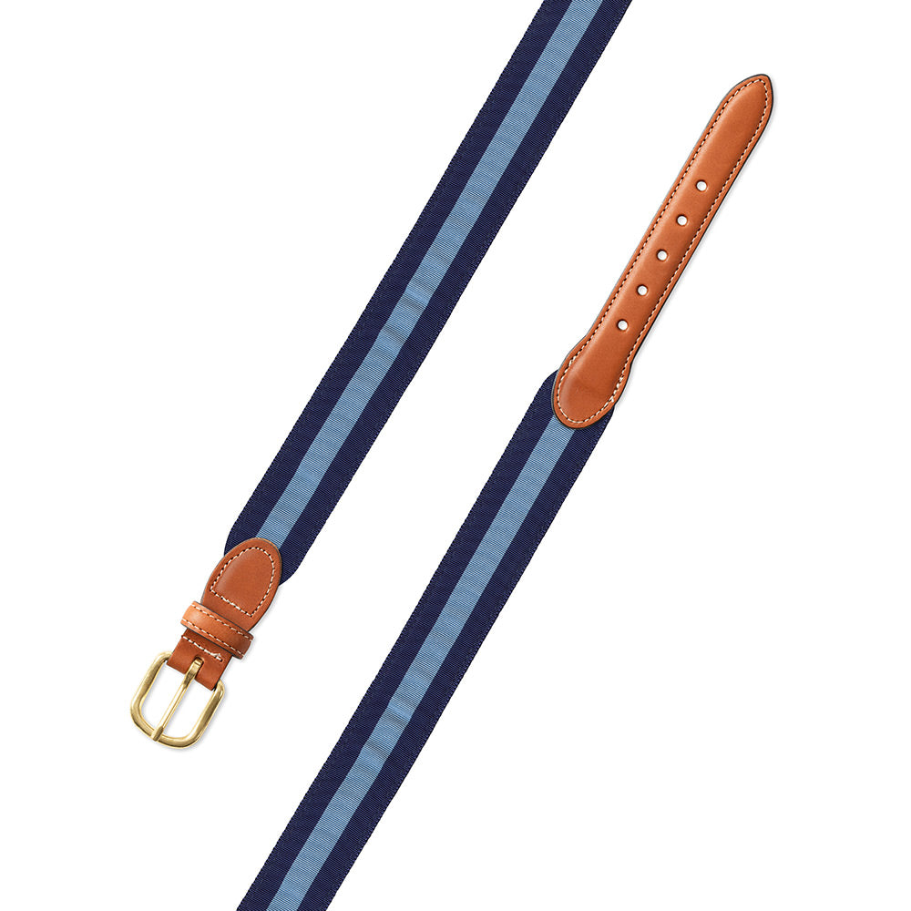 Navy &amp; Light Blue Grosgrain Ribbon Leather Tab Belt
