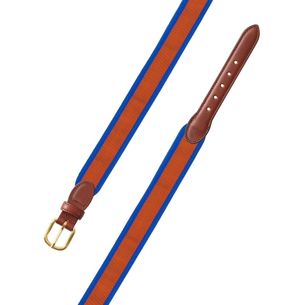 Orange on Blue Grosgrain Ribbon Leather Tab Belt