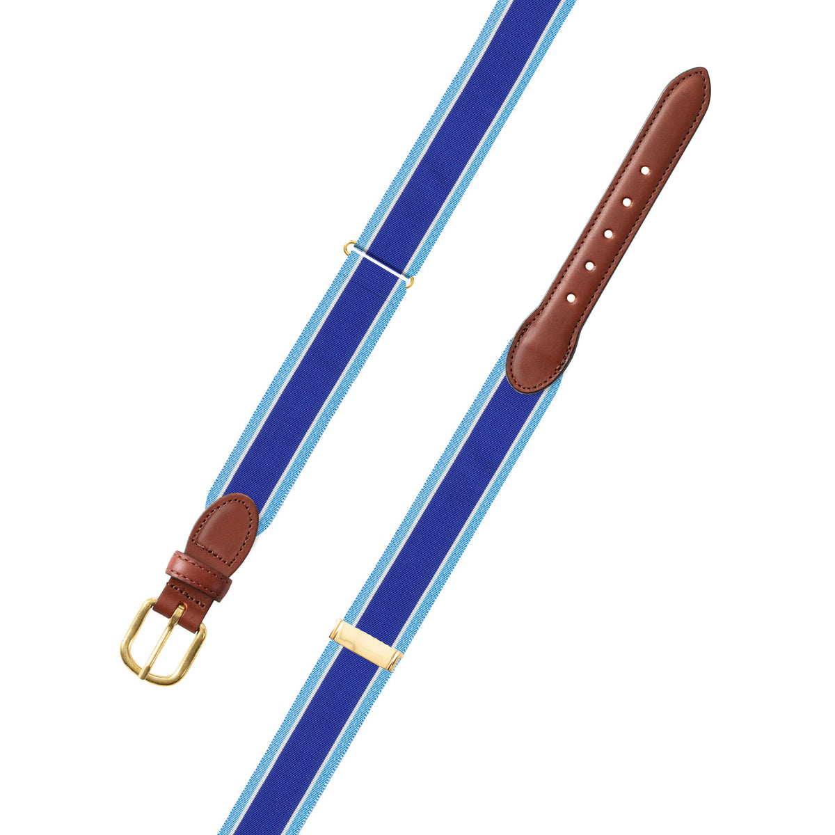Adjustable Navy &amp; Blue Grosgrain Belt with Brown Leather Tabs