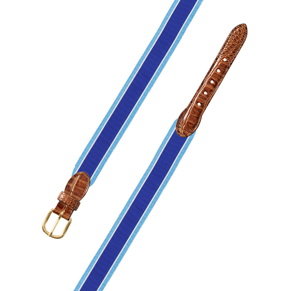 Navy &amp; Blue Grosgrain Ribbon Leather Tab Belt