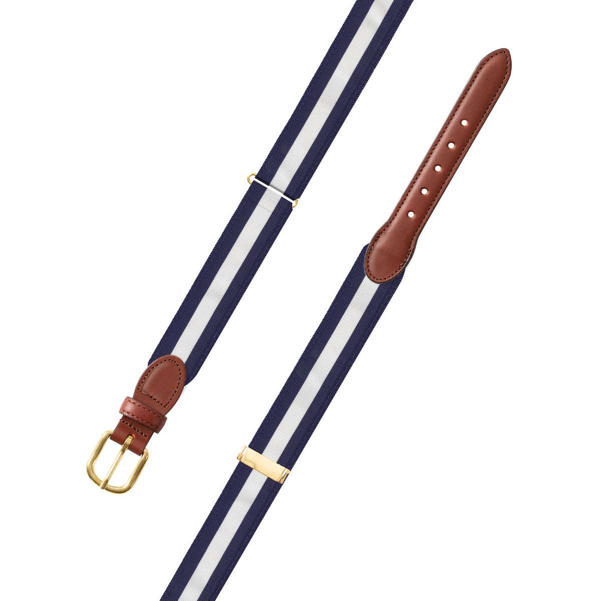 Adjustable White on Navy Grosgrain Belt with Brown Leather Tabs
