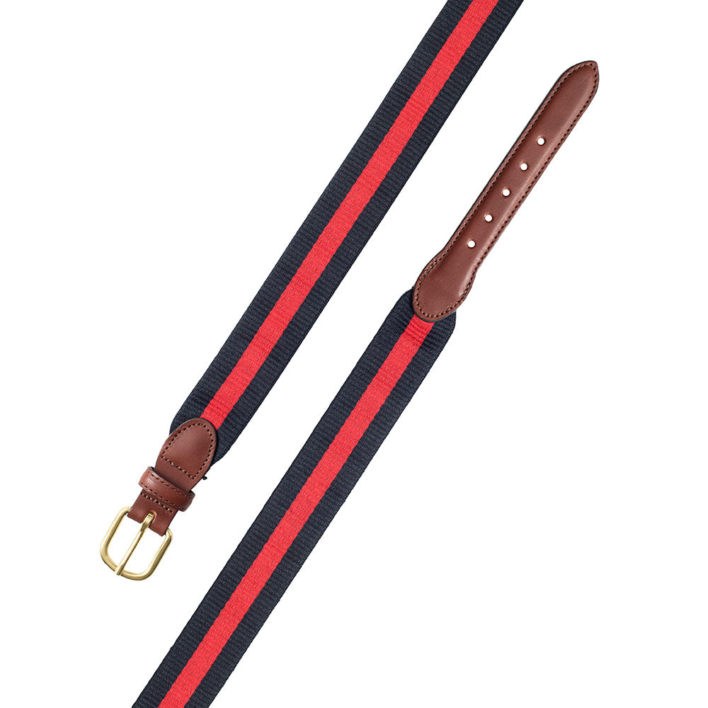 Red on Navy Wide Belgian Surcingle Leather Tab Belt